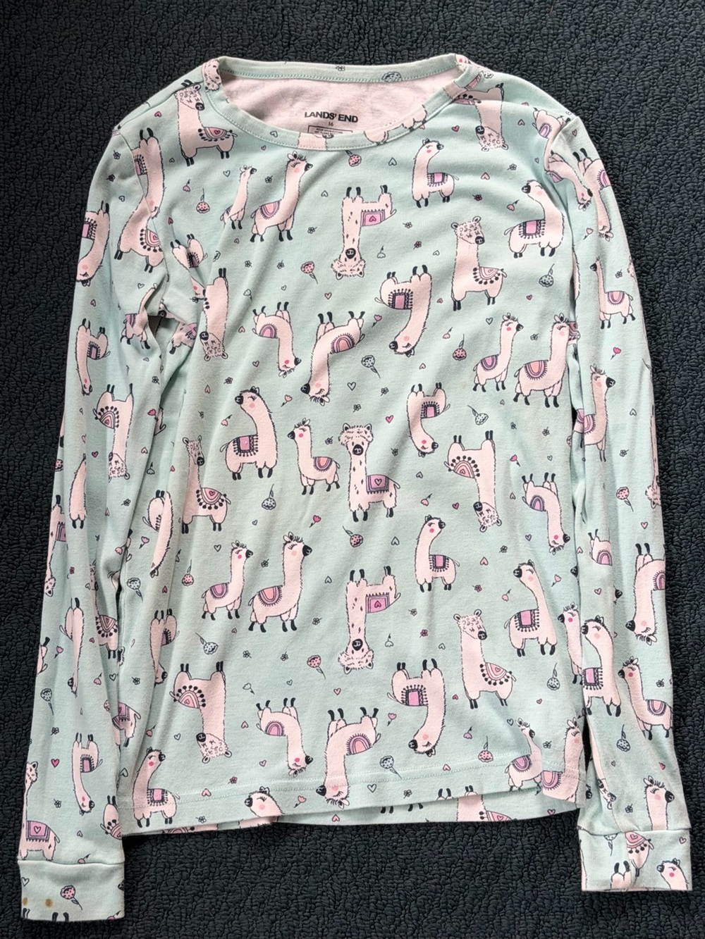 Lands' End Girls Mint Green Long Sleeve Pajama Top with Pink Llama Print